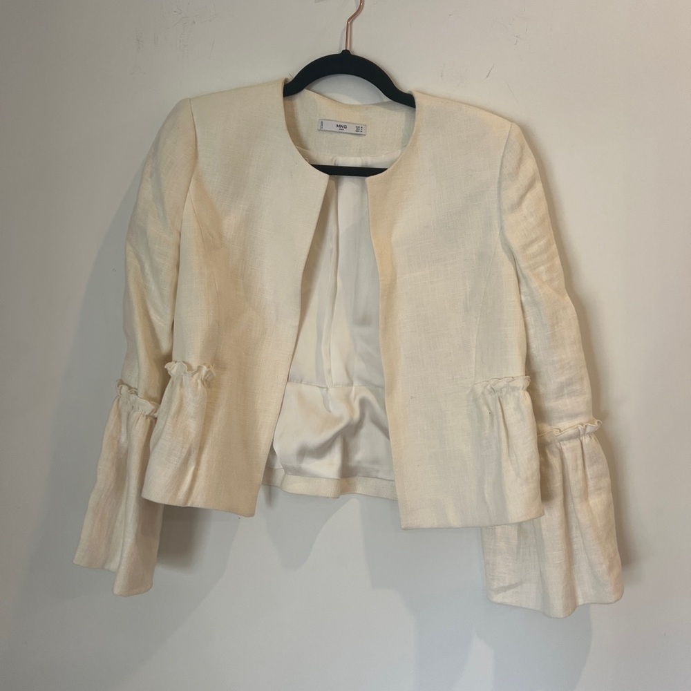 Mango White Linen Blazer with Ruffled Sleeves